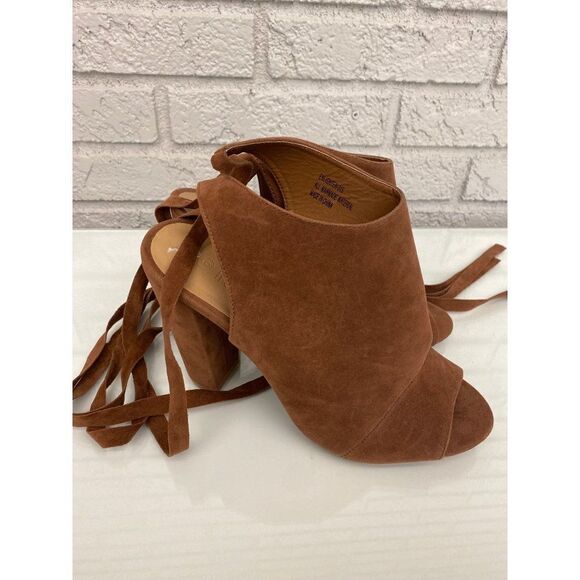 Rouge Helium Cognac Suede Ankle Tie Peep Toe Chunky Heel Size 8 - Picture 1 of 7